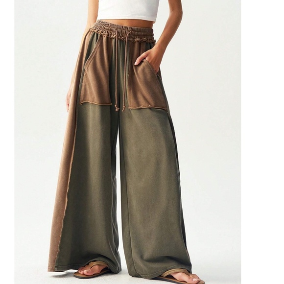 Color Block Stretchy Waist Drawstring Pockets Wide Leg Pants - Picture 5 of 5